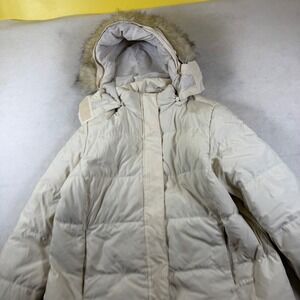 LL Bean Cream‎ Down Puffer Parka Faux Fur Hood Winter Coat Womens Large Petite